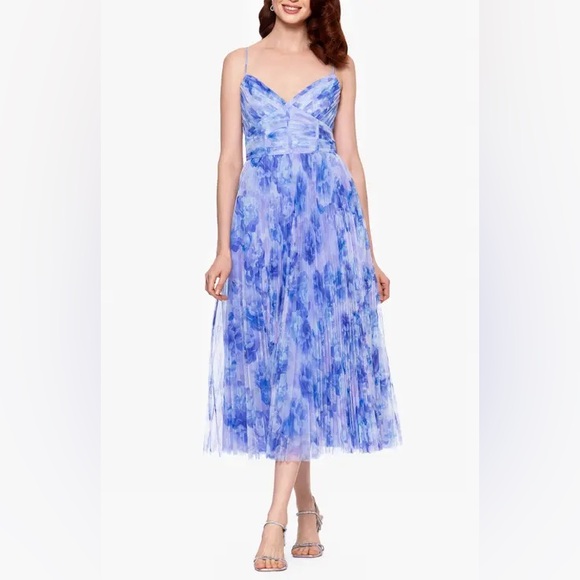 Betsy & Adam Floral Corset Bodice Pleated Tulle Midi Dress Size 8 Purple - Picture 1 of 13